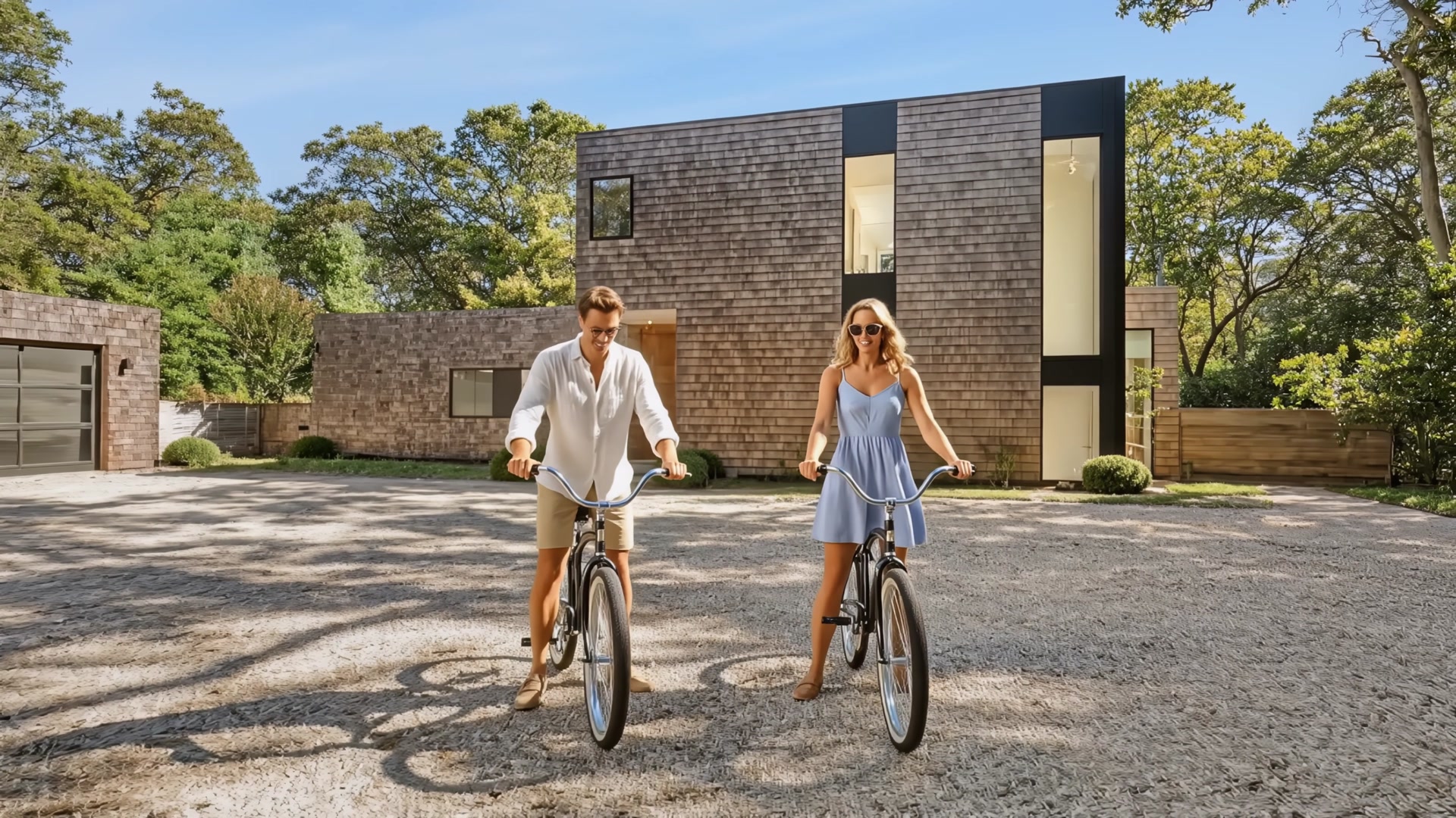 Couple biking together along the stone driveway in front of the house on a sunny day