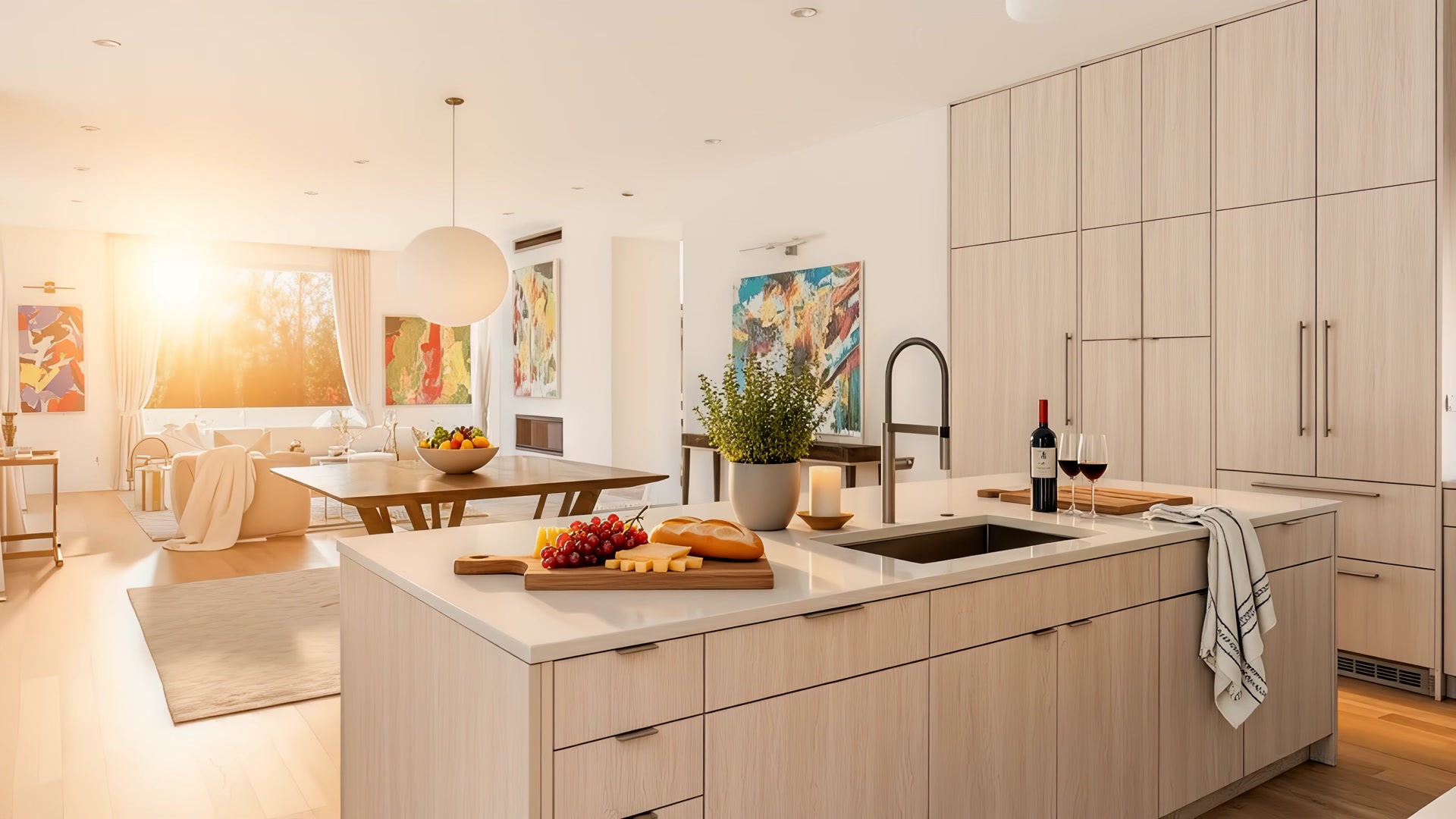 Kitchen island with wine, cheese board, and golden hour light streaming through windows