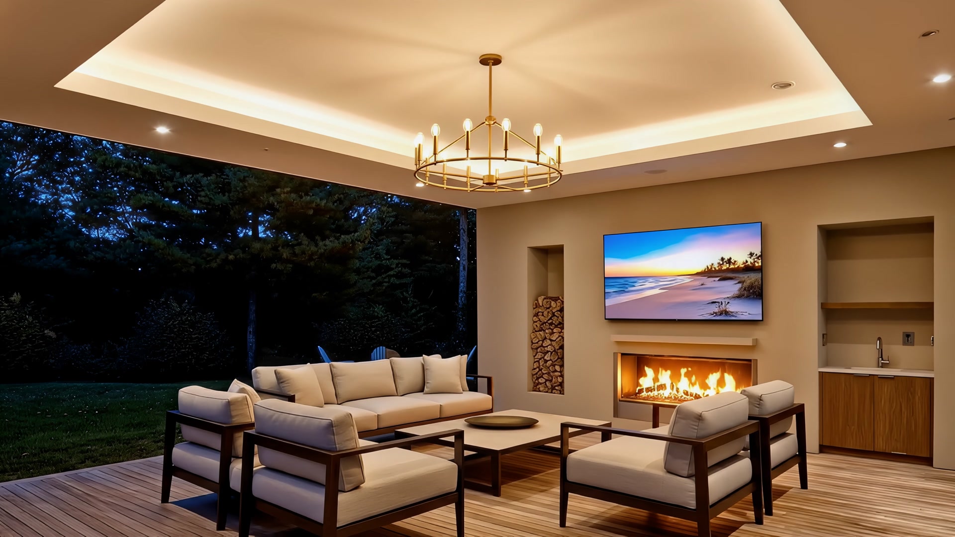 Covered outdoor deck at night with fireplace, TV showing a beach sunset, and elegant seating