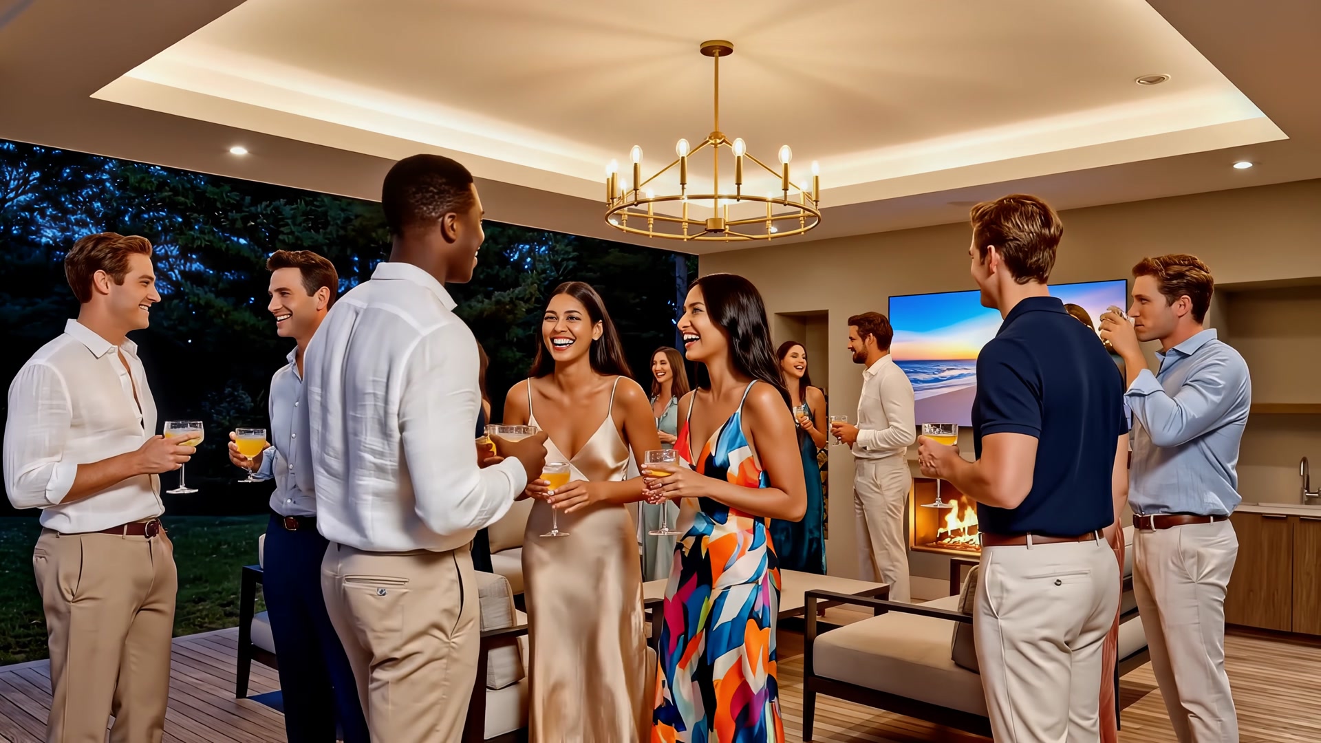 Guests socializing with cocktails on the covered deck in the evening